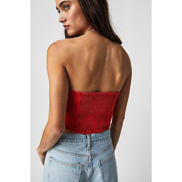 Free People Leilani Cropped Tube Top Sleeveless Smocked Red Cotton S NEW 276218 - Picture 3 of 10